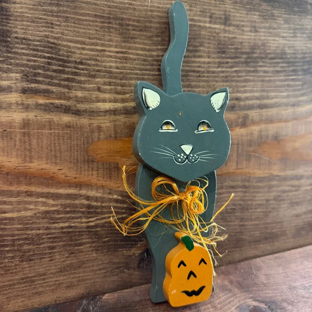Vintage 1995 Pumpkin Hollow Wooden Black Cat Shelf Sitter Halloween Decor Grey